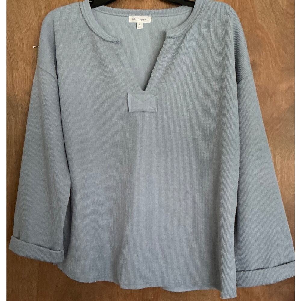 Blu Pepper Women's Long Sleeve Knit Ribbed Texture Blue Pullover Sweater L